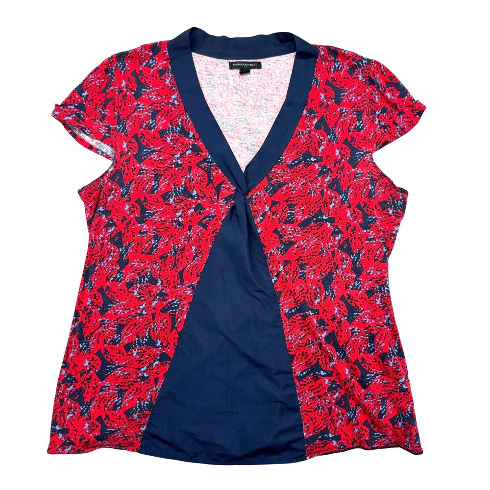 Banana Republic Top Womens Extra Large Navy Blue Red Abstract Twist Short Sleeve